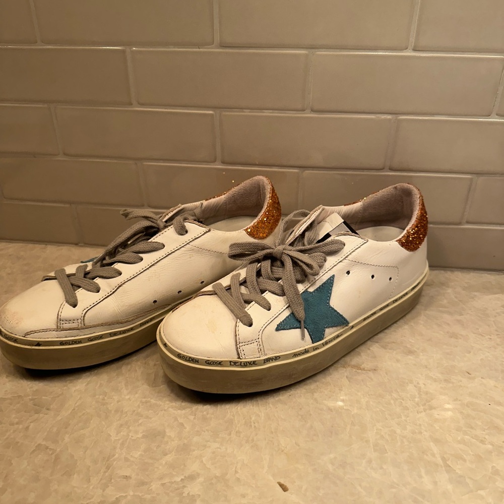 Golden Goose Hi Star Sneakers with Blue Stars and Bronze Glitter